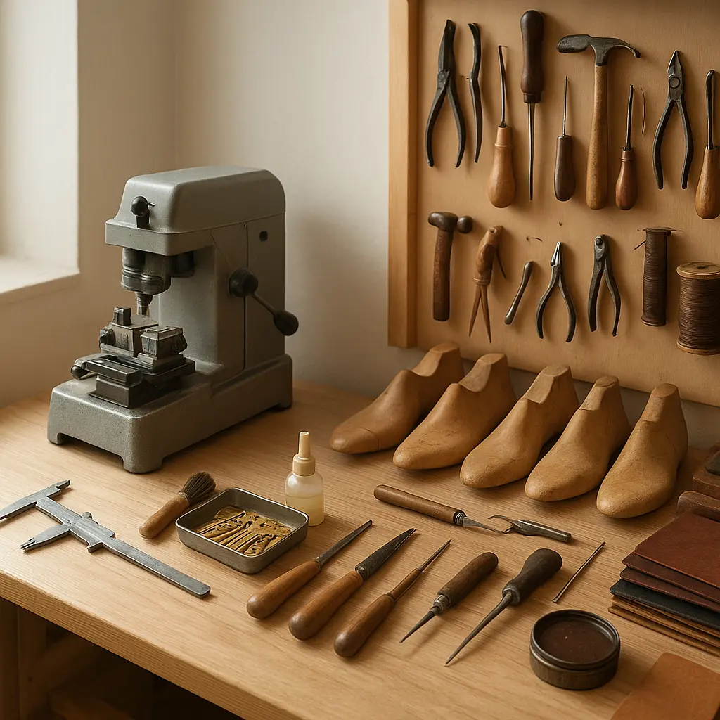 Werkstatt mit Schlüsselschneidemaschine und Schuhreparatur-Arbeitsplatz